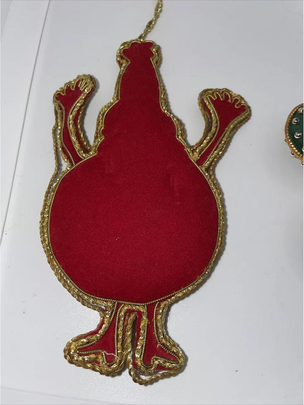 2 vintage Christmas ornaments velvet red green gold Santa Fleur De Lis
